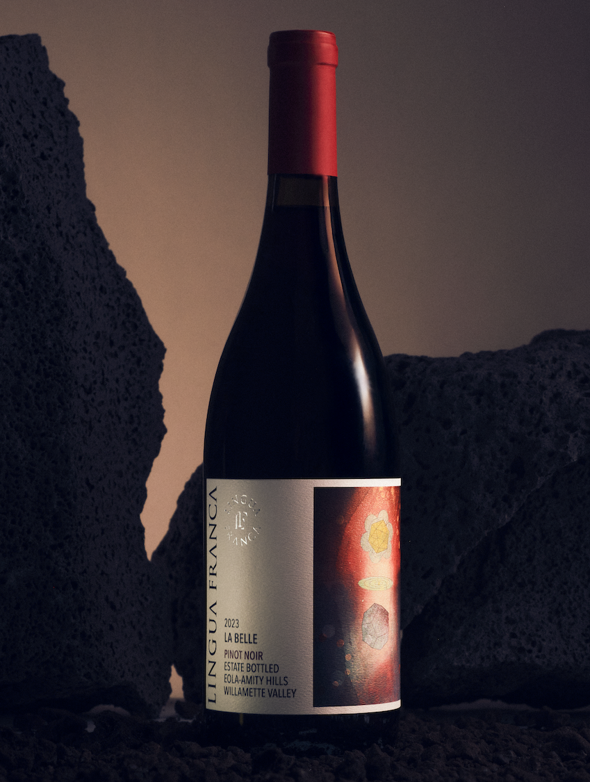 A bottle of 2023 La Belle Pinot Noir against a moody rock background